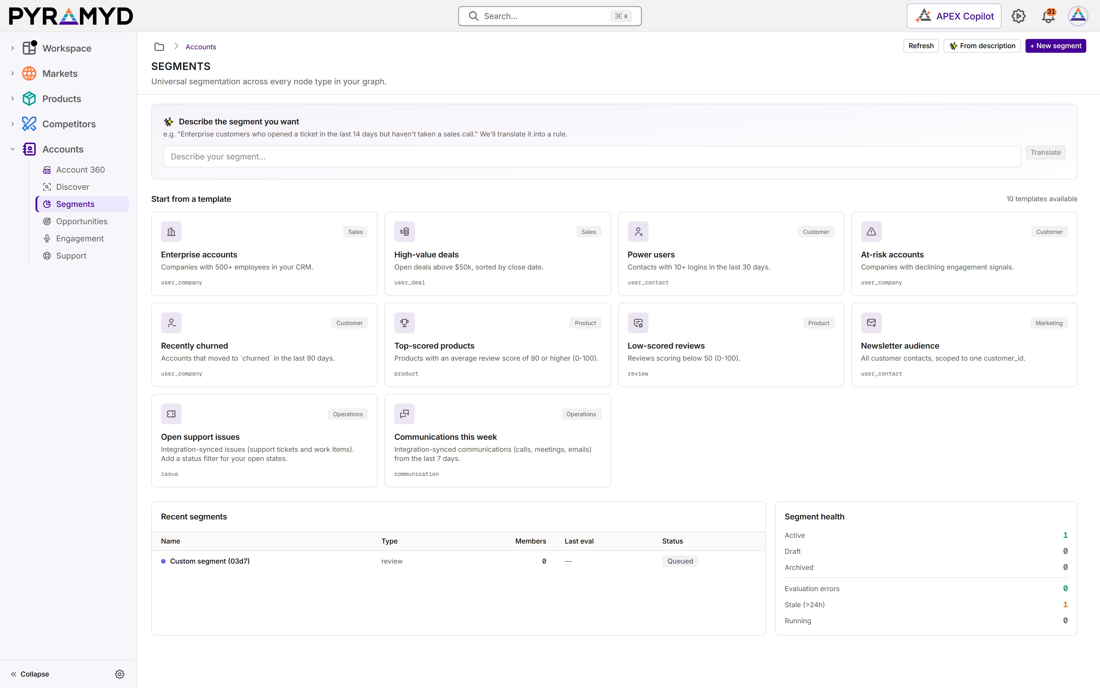 Segments: a box to describe a segment in plain words, and ten templates such as enterprise accounts, high-value deals and at-risk accounts.