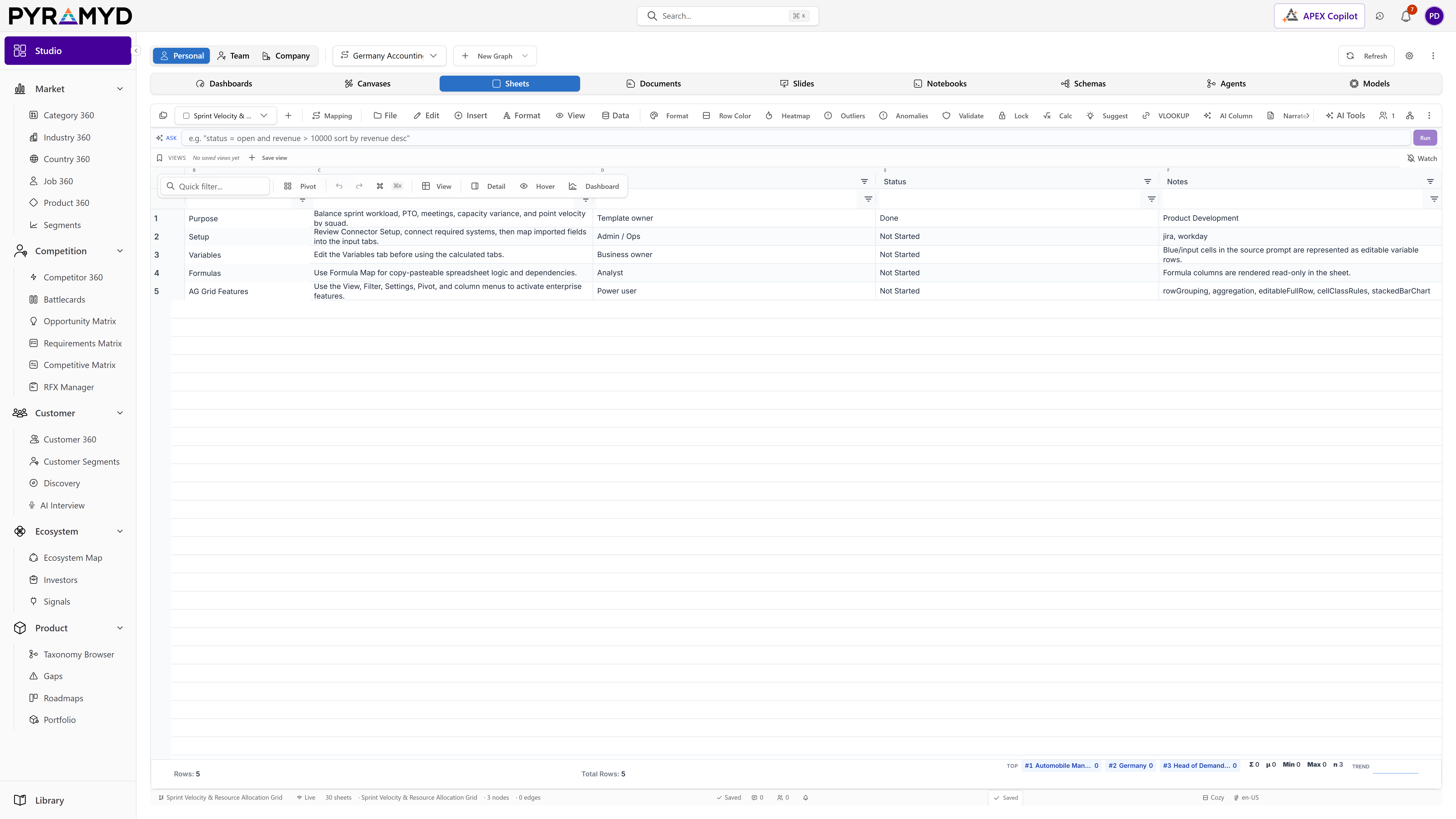 Studio Sheets screenshot from the production workspace