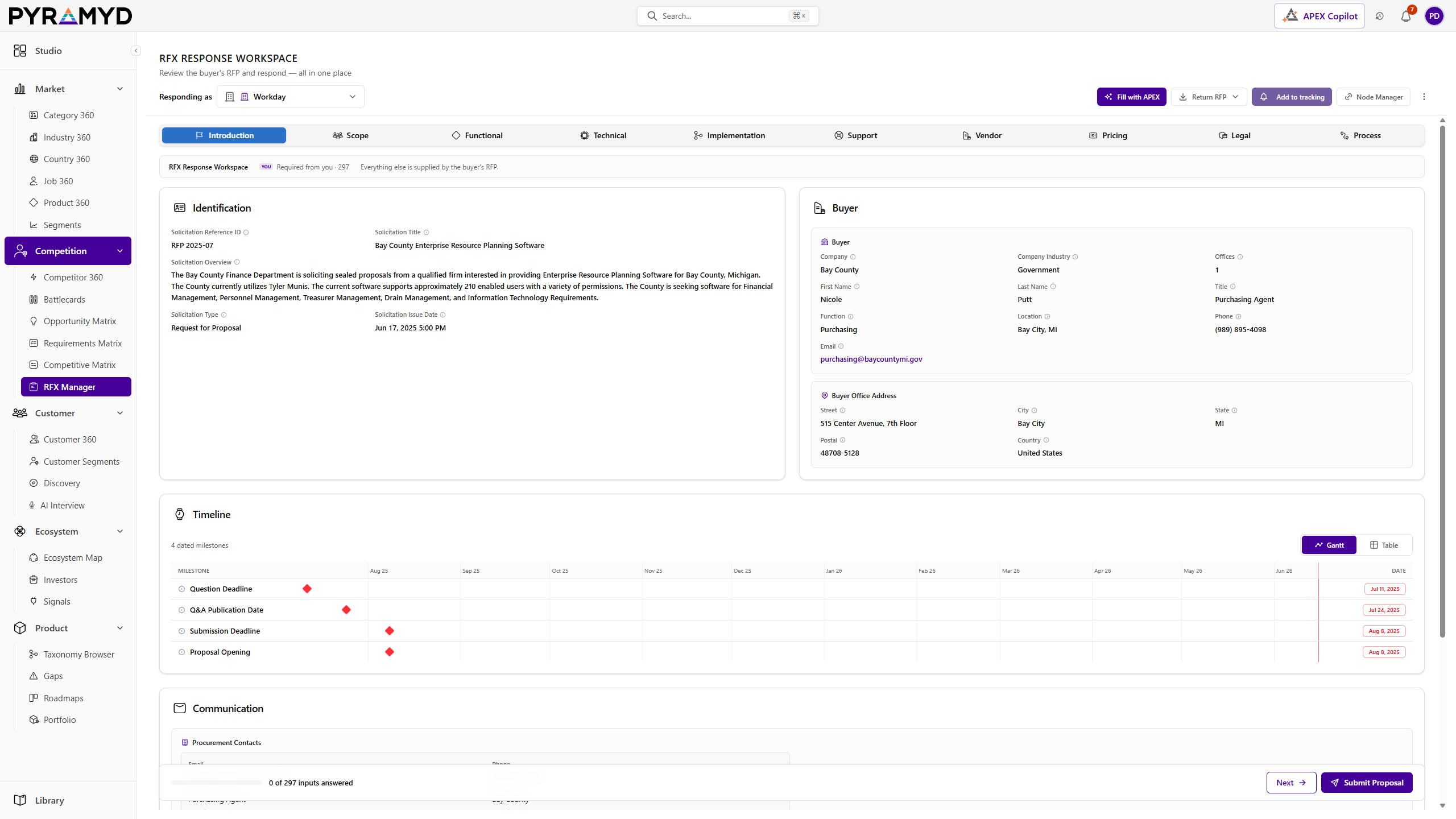 Requirements, buyer profile, timeline, and contacts parsed automatically · Introduction, Scope, Functional, Technical, Pricing, Legal, and more.