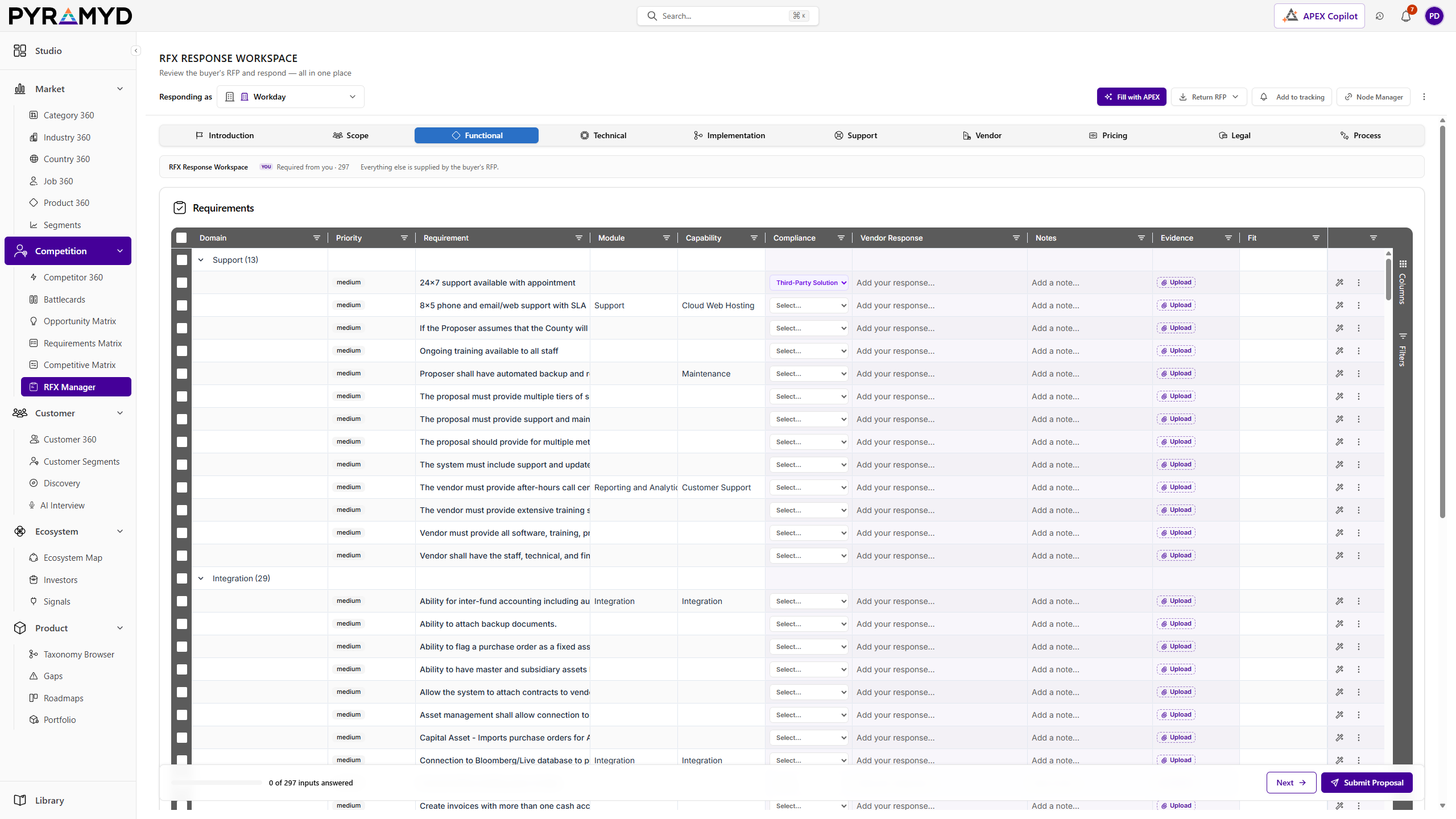 Each requirement scored and drafted from the graph + your library · module, capability, compliance, and a cited vendor response.